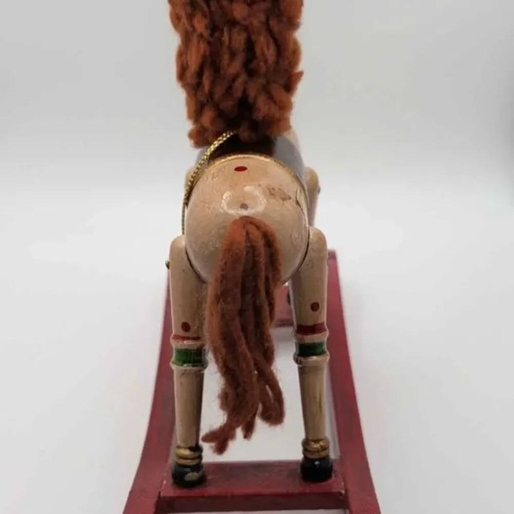 Vintage 1980 Wooden Rocking Horse Christmas Ornament Hand Painted Yarn Mane